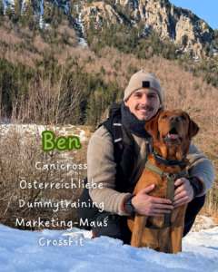 Hundetrainer Ben Barteder mit Hund Anton in den Bergen HUni München